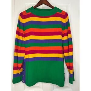 Vintage Anne Klein Sweater L Rainbow Stripe Cotton Knit Button Colorful Retro